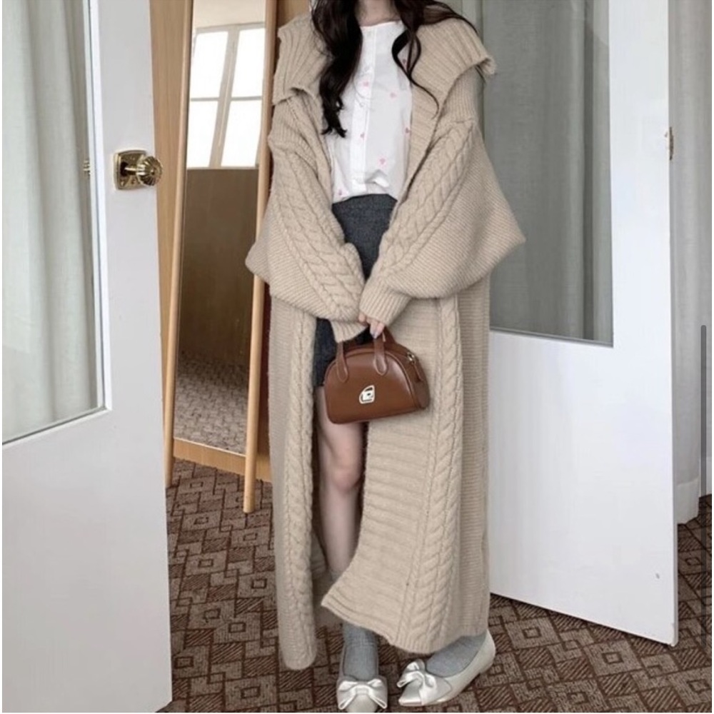 148. Maxi COST 🛑oversized Tan beige Cardigan Sweater Chunky Long Cable Duster - Picture 1 of 12